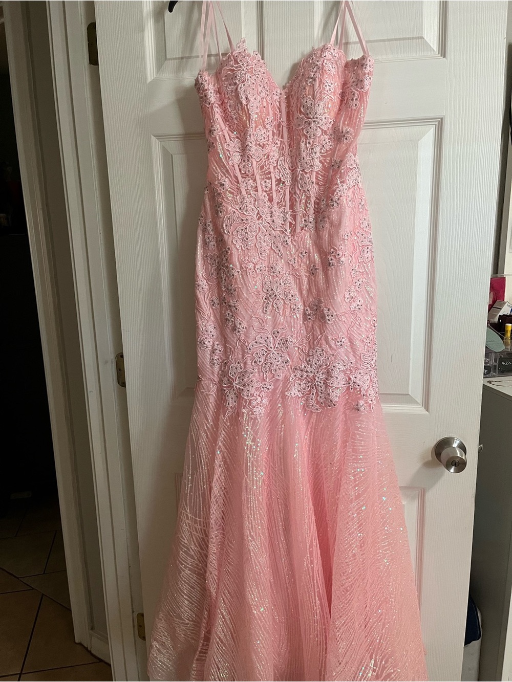 Pink Lace Mermaid Prom Dress strapless with corset in the back.